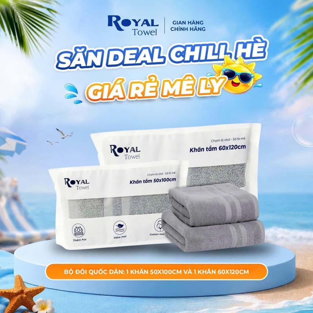 Bộ Đôi Quốc Dân: 1 Khăn 50x100cm và 1 Khăn 60x120cm Sợi Cotton Mềm Mịn, Thấm Hút Tốt, Không Xổ Lông, Không Phai Màu
