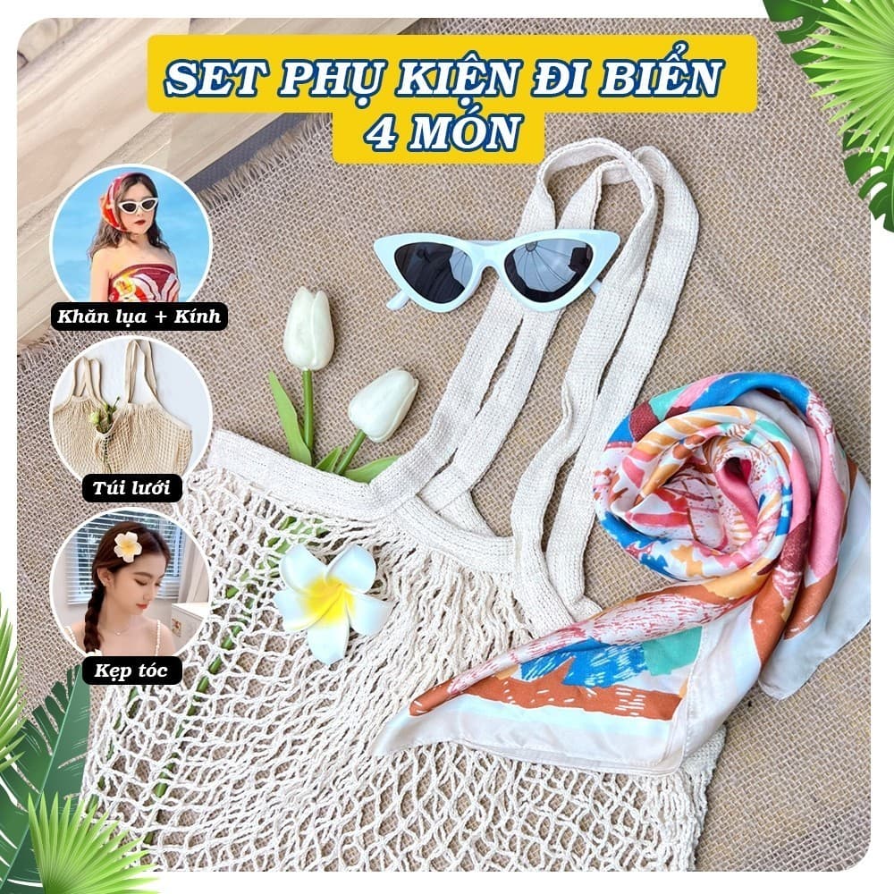 Túi đi biển Phụ kiện khăn hoa cài tóc đồ đồng phục nhóm chụp ảnh biển-Lá Tre