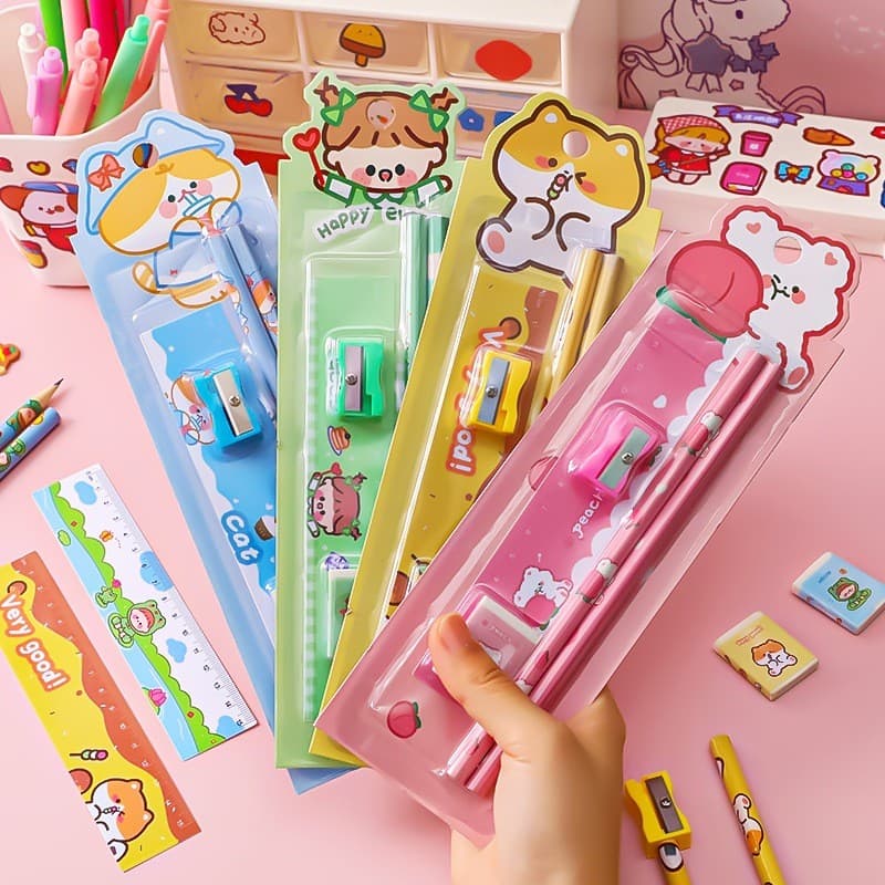 Thanh lý Bộ dụng cụ học tập 5 chi tiết đồ dùng học tập dễ thương cute làm quà tặng cho bé-Lá Tre