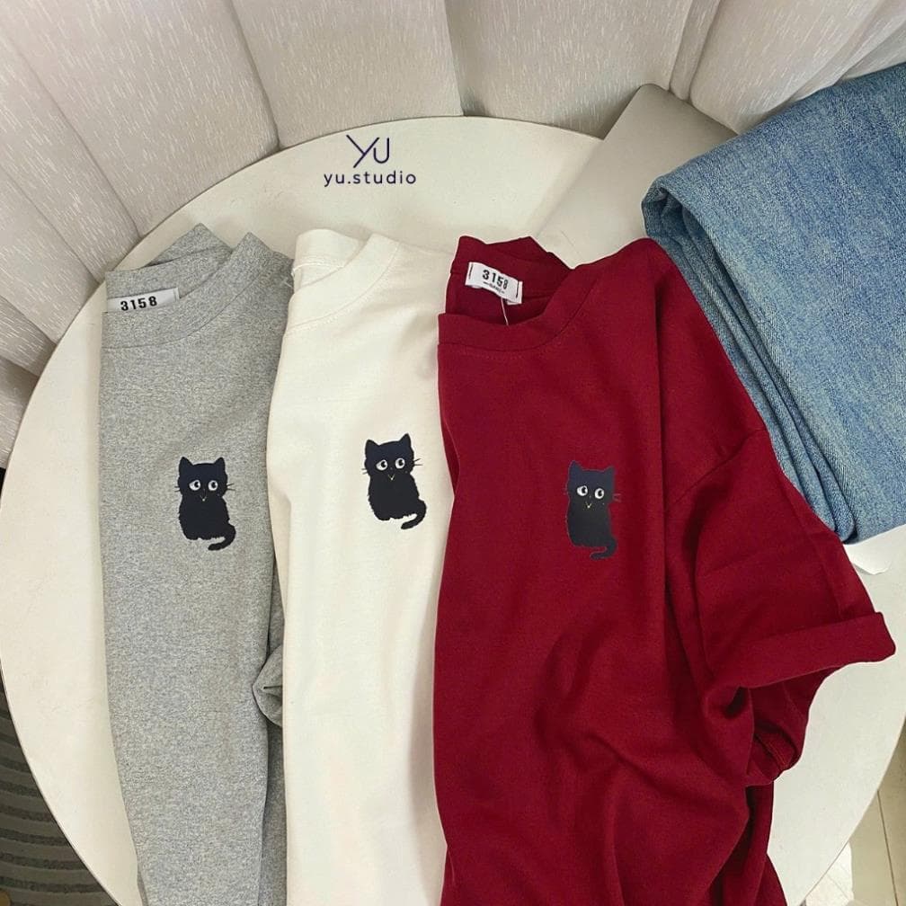 Áo thun cotton SU, áo nam nữ form rộng mẫu Mèo Đen UT