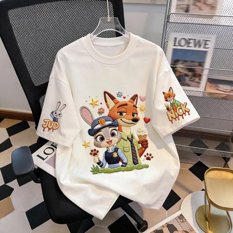 Áo thun phong cách đường phố in giả thêu-Dáng rộng, êm ái-Họa tiết hoạt hình Nhật Bản-cotton SU-Mềm mại UT