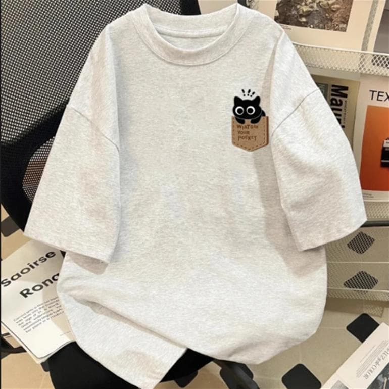 Áo thun ngắn tay mùa hè MÈO TÚI cho nam và nữ, chất liệu cotton su, dáng rộng, đa năng UT