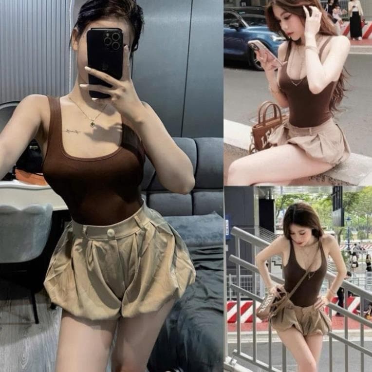Set Bộ Áo Ba Lỗ Nâu + Quần SHORT Bí Xếp Ly hu, hàng hotrend CÁ TÍNH UT
