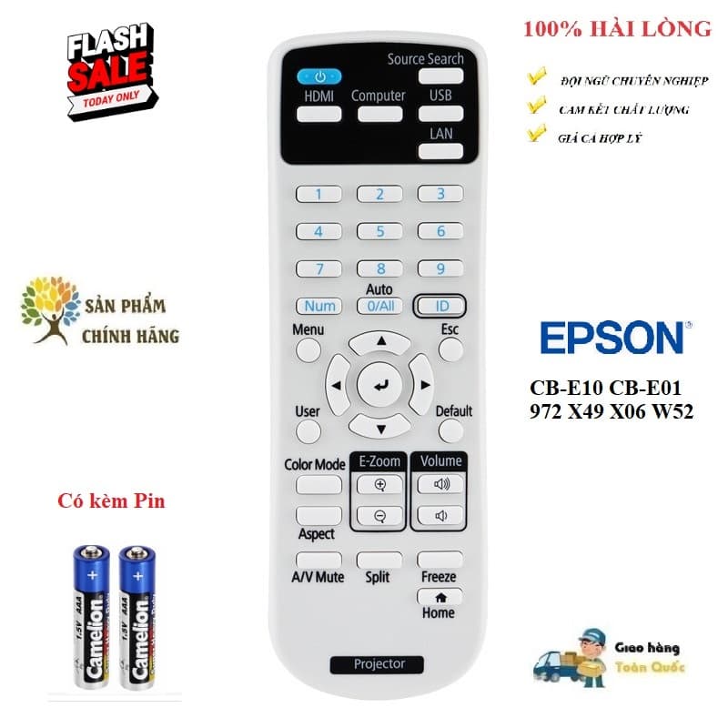 Điều khiển thay thế tương thích cho máy chiếu Epson CB-E10 CB-E01 972 X49 X06 W52 XỊN mới NÚT ID KHOANH ĐEN-TẶNG PIN