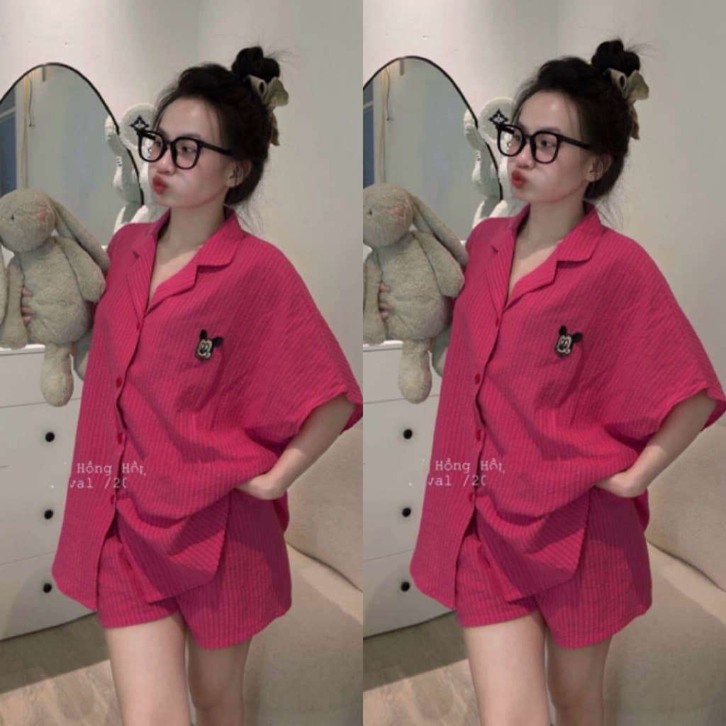 Set Bộ Nữ , Set Bộ Pijama Đũi Cổ B Phom Thụng