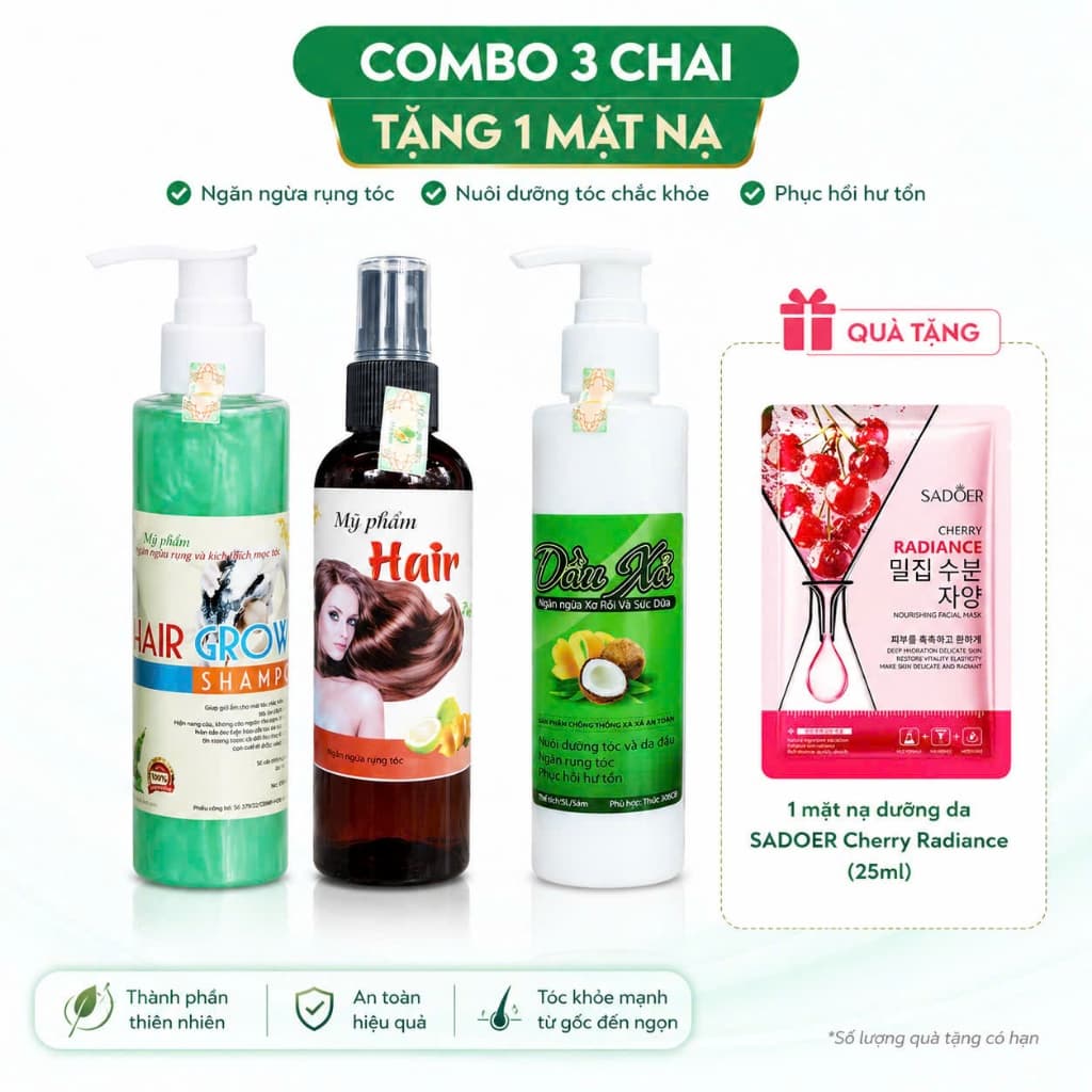 Bộ 3 tóc mọc nhanh dài tinh dầu bưởi kích mọc tóc, dầu gội bưởi, dầu xả sữa dừa hoa bưởi giúp giảm rụng, ngăn ngừa gàu