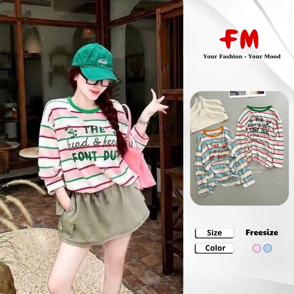 Áo Thun Giấy Oversize Nữ FMSTYLE Kẻ Ngang THE FONT DUO Tay Dài Form Rộng Phong Cách Hàn Quốc26070918