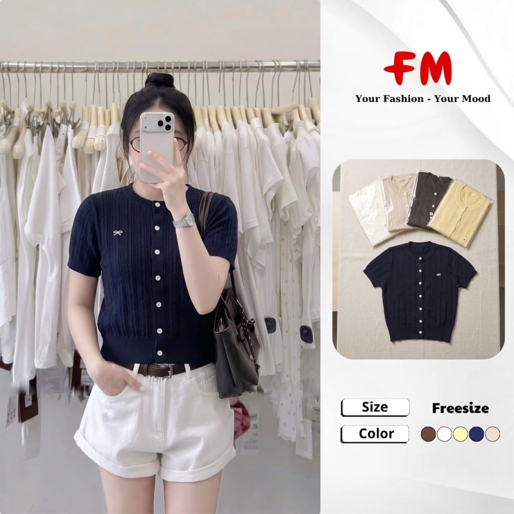 Áo Dệt Kim Nữ Tay Ngắn FMSTYLE - 7 Nút Logo Nơ Cổ Tròn Basic 26080487