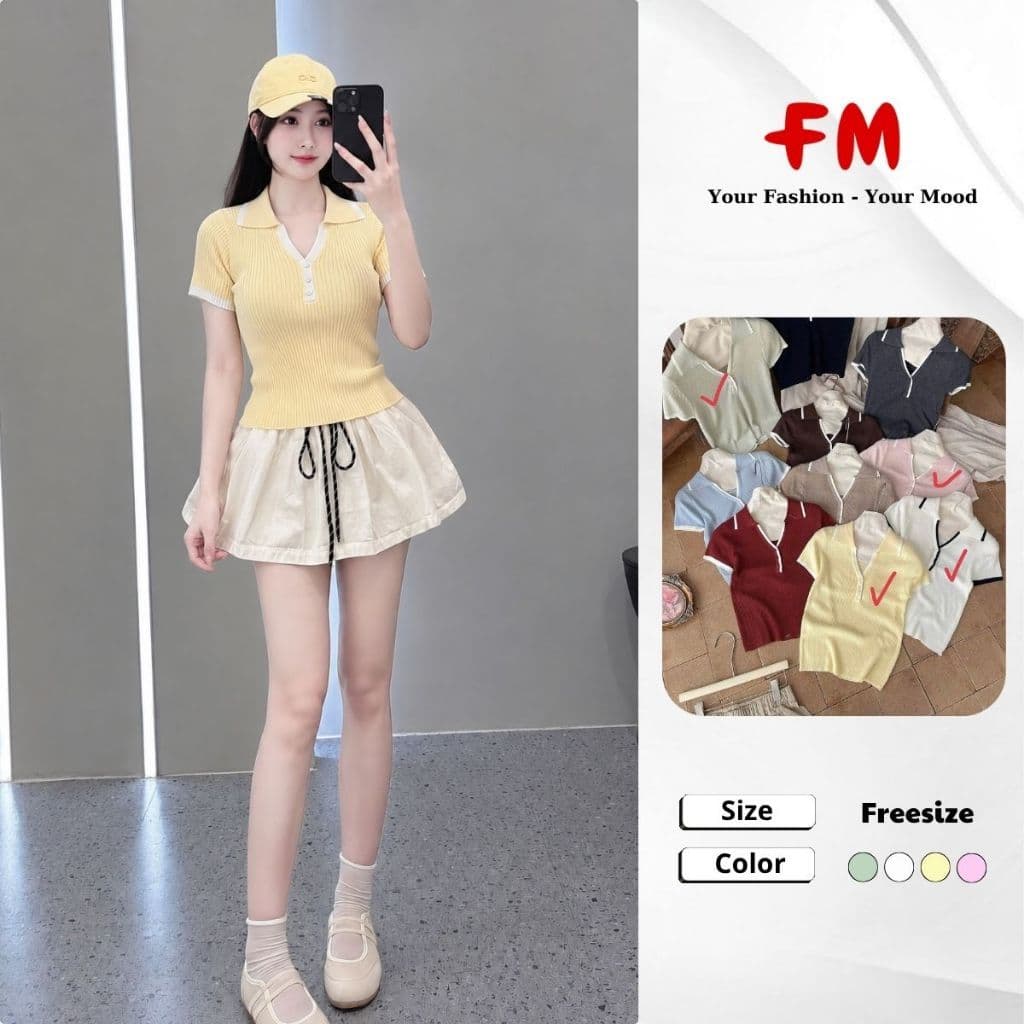 Áo Dệt Kim Nữ FMSTYLE Tay Ngắn Cổ Bẻ Chữ V 3 Nút Viền Màu Dễ Phói Đồ 26080774