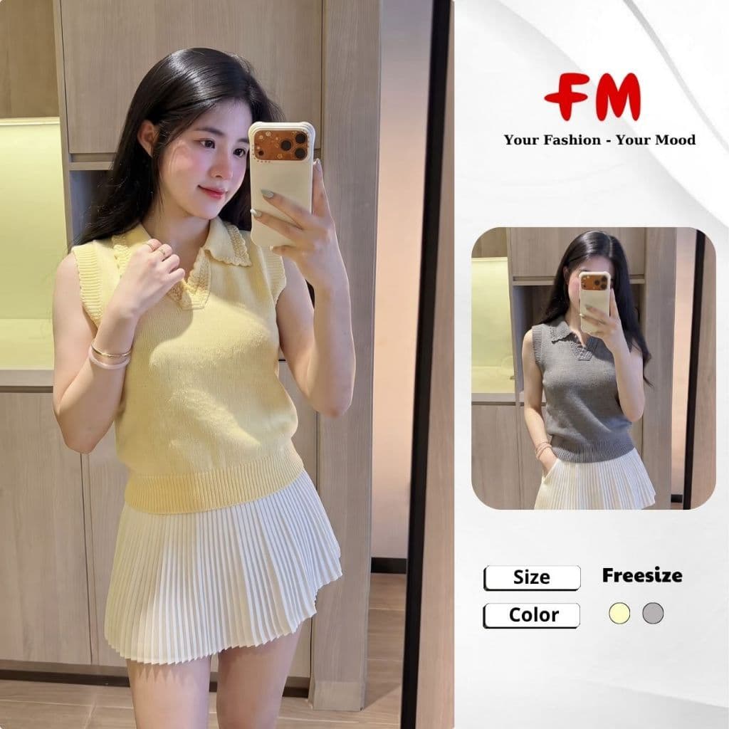 Áo Dệt Kim Sát Nách cổ bẻ V bo lai FMSTYLE Freesize 26080731